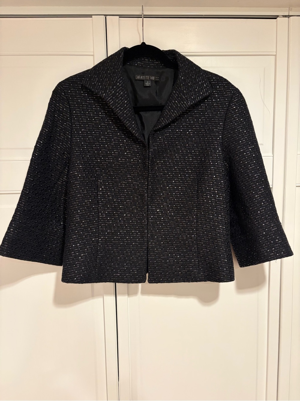 Lafayette 148 New York Black Tweed Cropped Jacket with Subtle Metallic Fleck